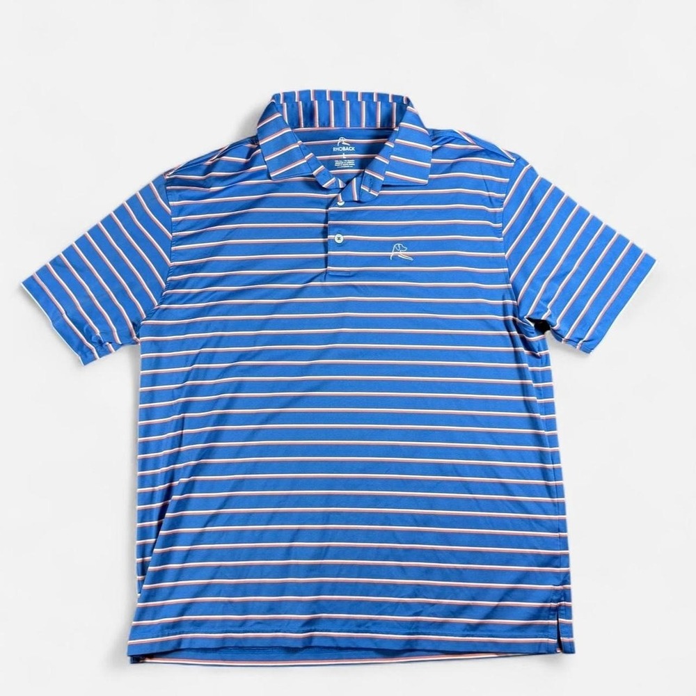 Rhoback Blue/White/Orange Striped Performance Polo Golf Comfort Size L